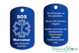 Marcumar, Blutverdünner - SOS Notfallkette, Notfallanhänger mit Gravur - blau