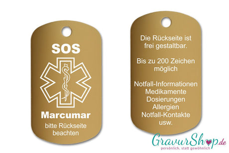 Marcumar, Blutverdünner - SOS Notfallkette, Notfallanhänger mit Gravur - gold