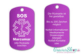 Marcumar, Blutverdünner - SOS Notfallkette, Notfallanhänger mit Gravur - lila