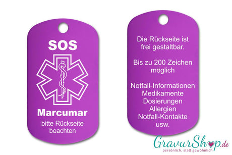 Marcumar, Blutverdünner - SOS Notfallkette, Notfallanhänger mit Gravur - lila