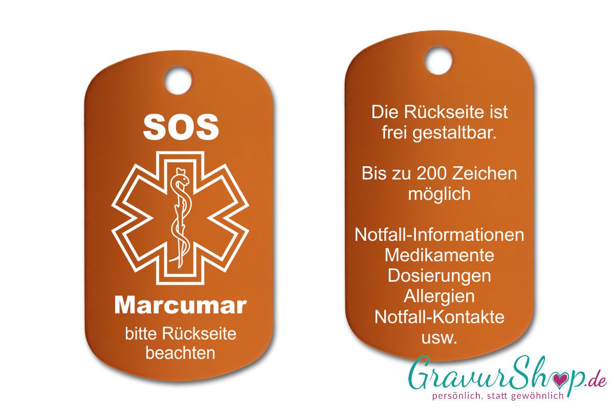 Marcumar, Blutverdünner - SOS Notfallkette, Notfallanhänger mit Gravur - orange
