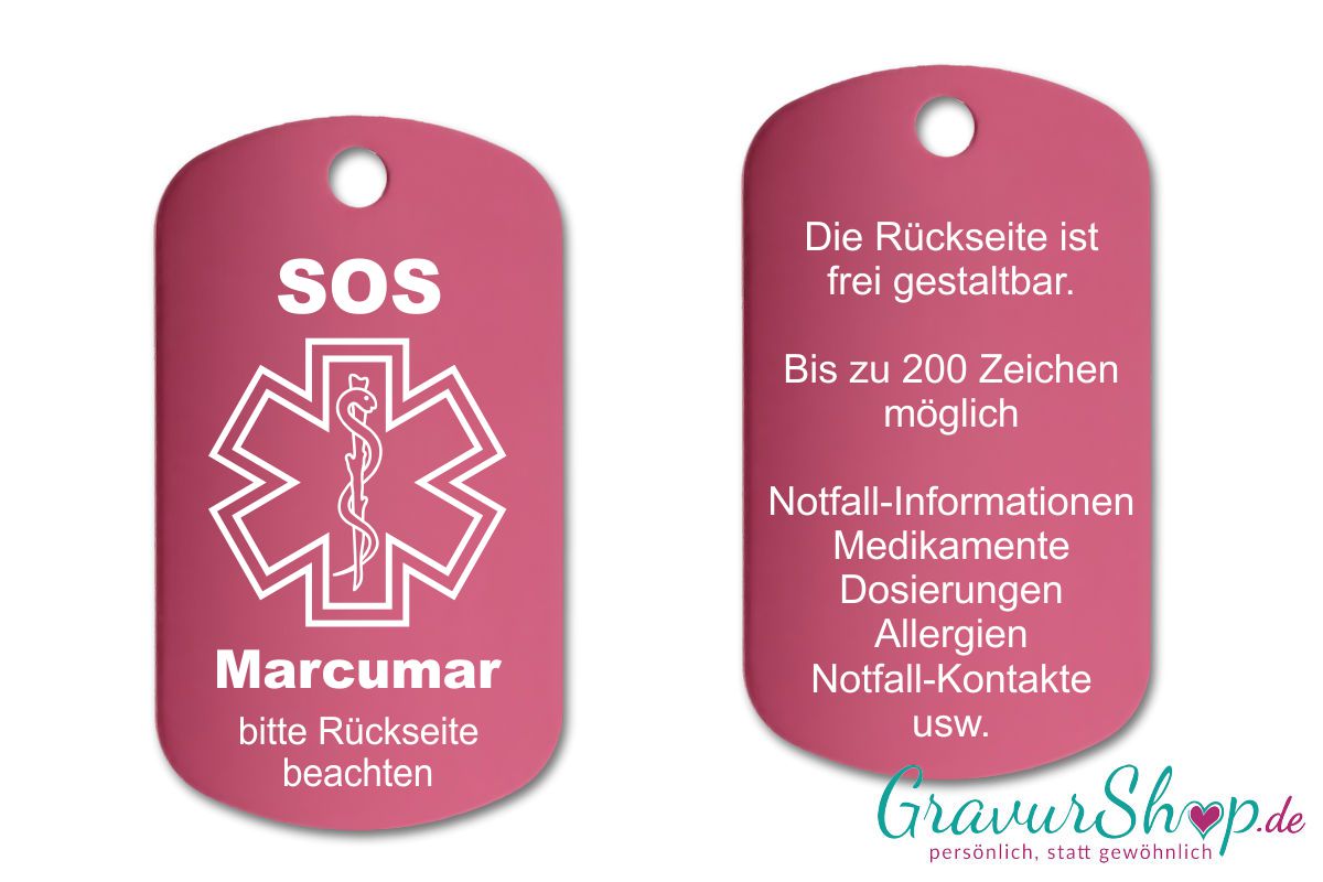 Marcumar, Blutverdünner - SOS Notfallkette, Notfallanhänger mit Gravur - pink
