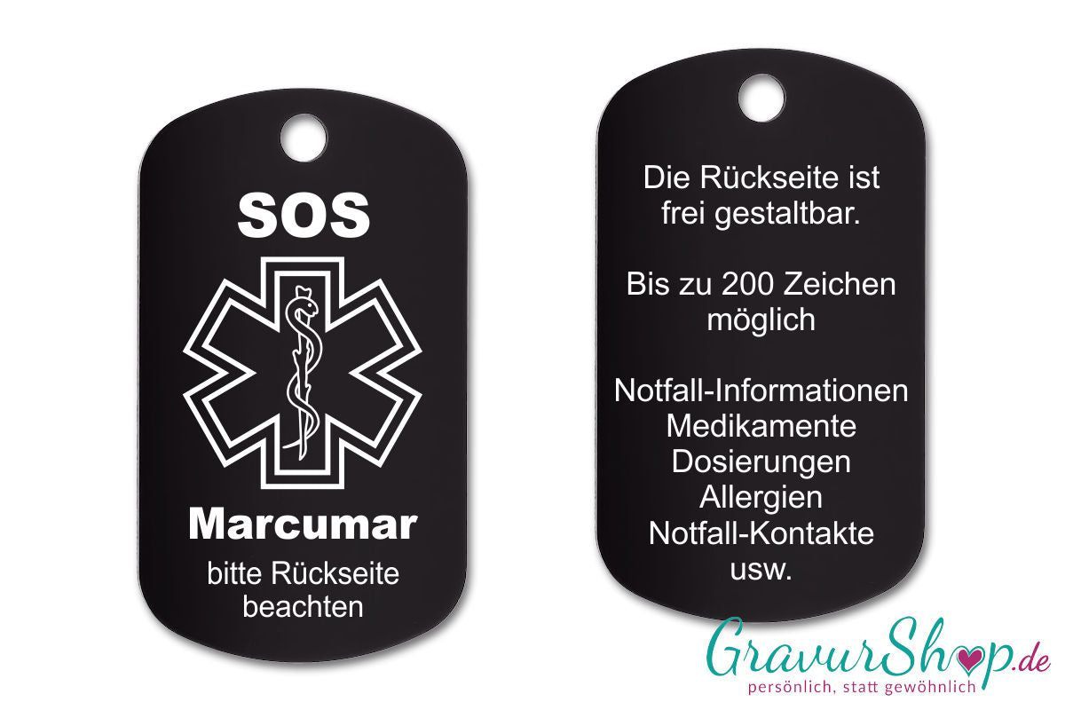 Marcumar, Blutverdünner - SOS Notfallkette, Notfallanhänger mit Gravur - schwarz