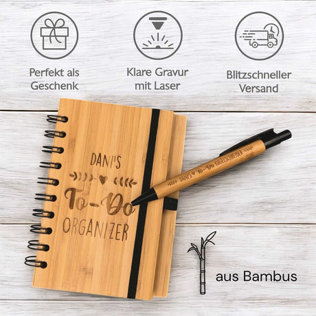 Personalisierter Bambus "To-Do Notizblock - Ranke" mit Kugelschreiber | Gravur inklusive