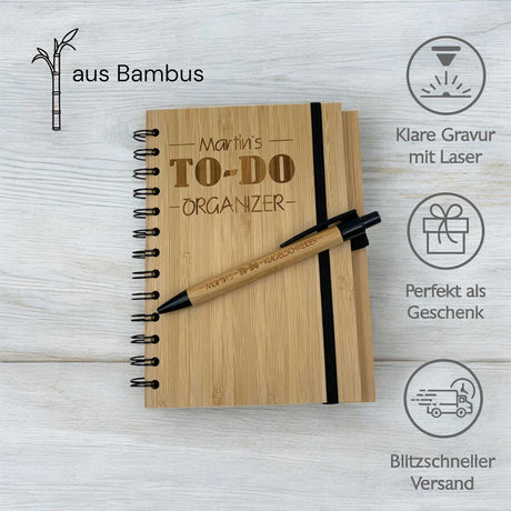Personalisierter Bambus "To-Do Notizblock - schlicht" mit Kugelschreiber | Gravur inklusive