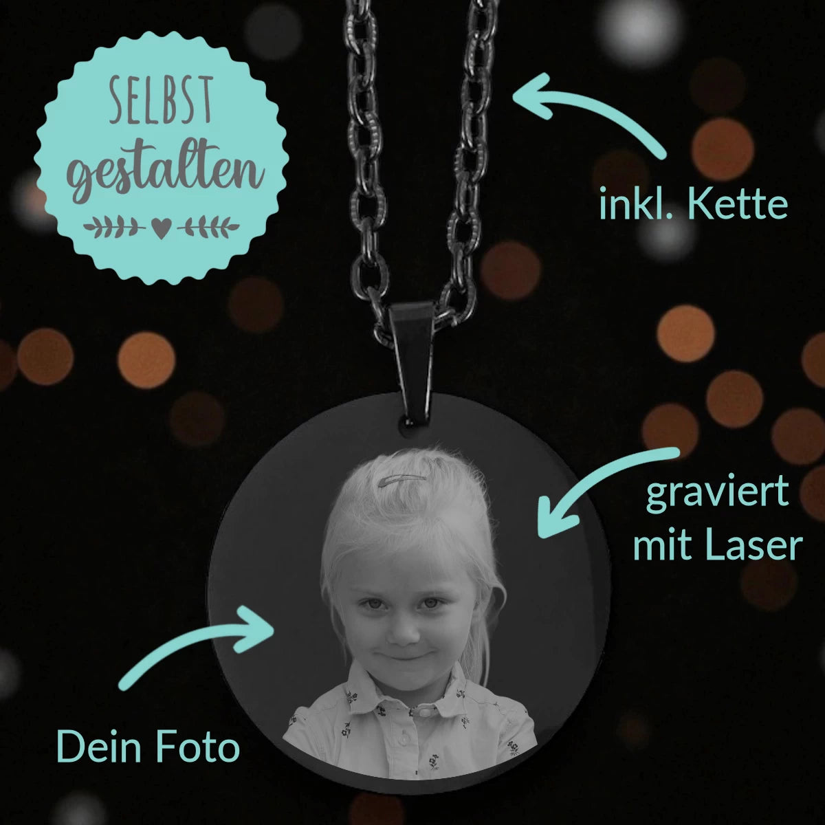 Personalisierte Kette mit Foto | Edelstahl schwarz Coin Rund | Inkl. Kette