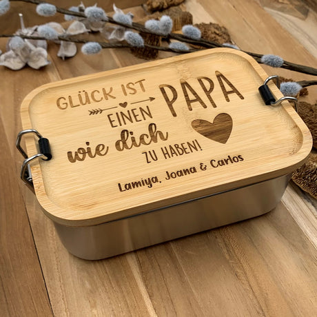Lunchbox "Bambus" | Glück ist, einen Papa wie dich zu haben | Personalisiert mit Widmung, Namen