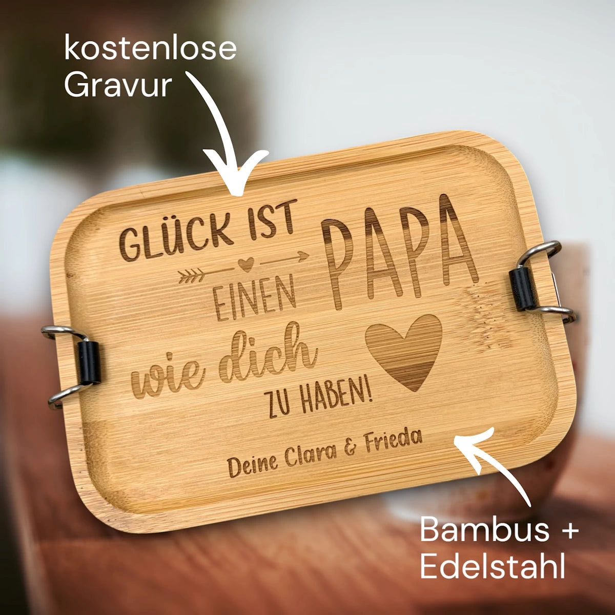 Lunchbox "Bambus" | Glück ist, einen Papa wie dich zu haben | Personalisiert mit Widmung, Namen