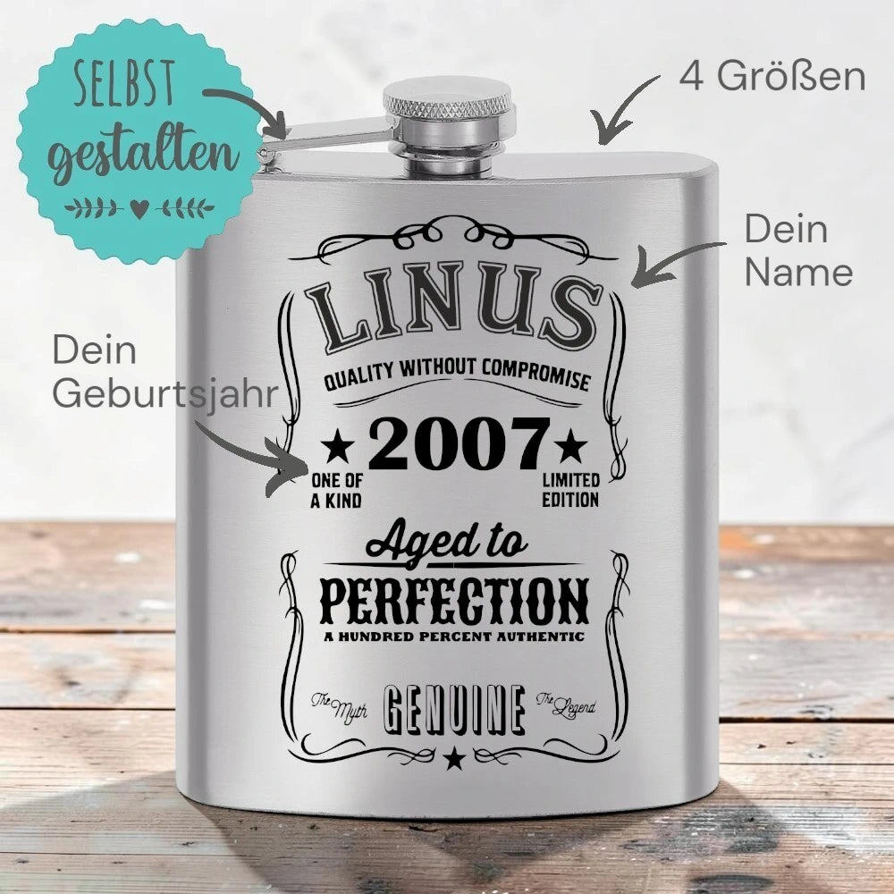Flachmann zum Geburtstag | Aged to Perfection mit Name + Geburtsjahr | kostenlose Gravur