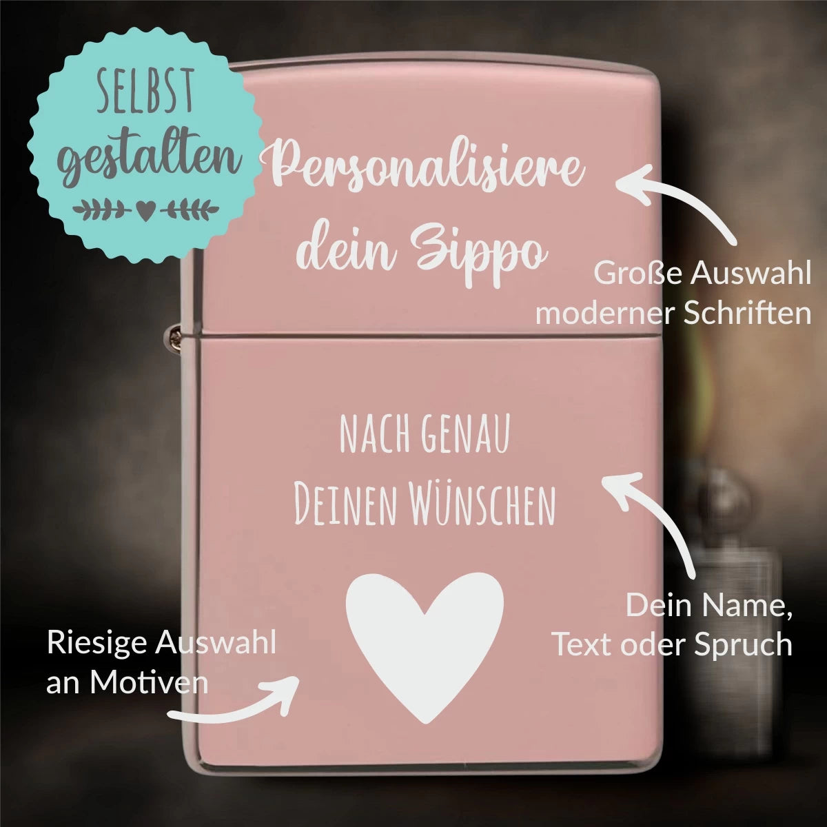 Original Zippo® High Polish Roségold | Feuerzeug mit Gravur | Personalisiertes Sturmfeuerzeug
