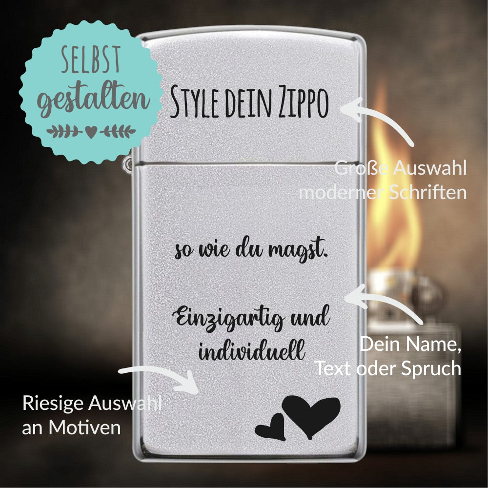 Zippo®Slim mit Gravur | Satin Chrome | Personalisiertes Sturmfeuerzeug