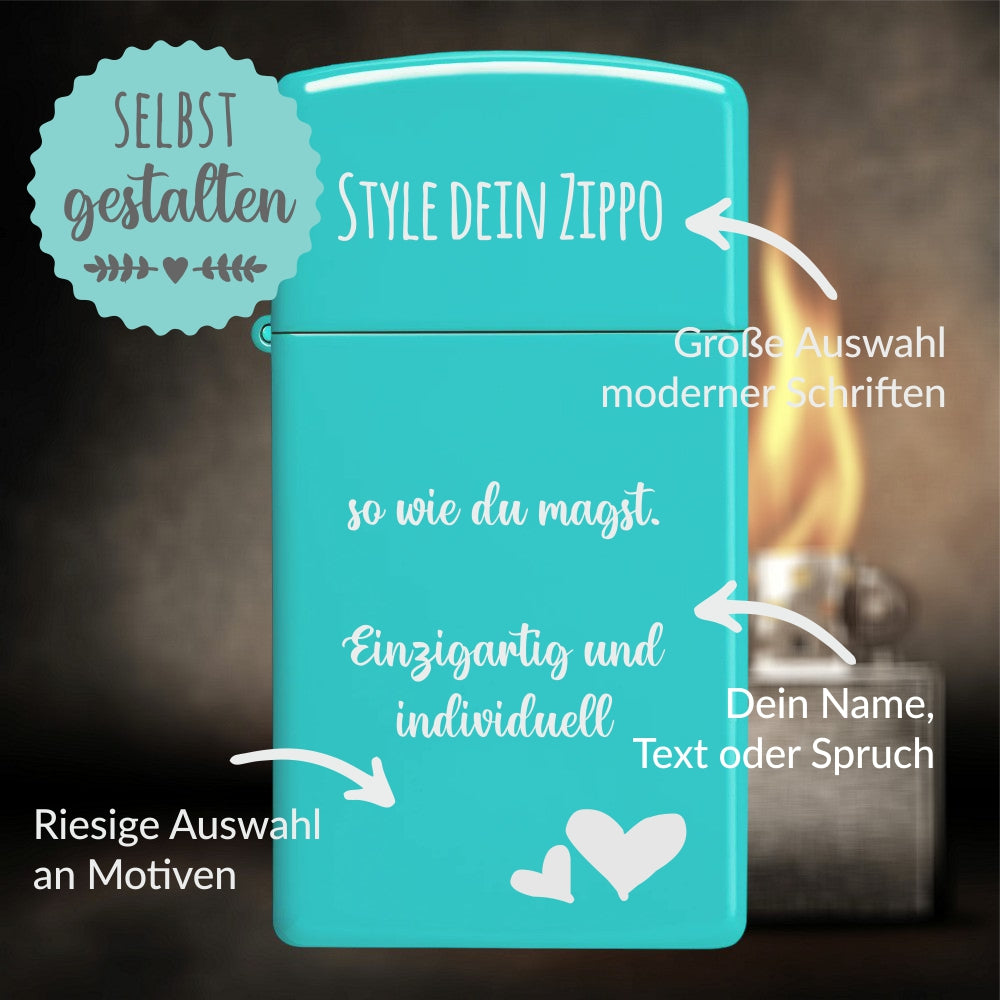 Zippo®Slim mit Gravur | Turquoise | Personalisiertes Sturmfeuerzeug