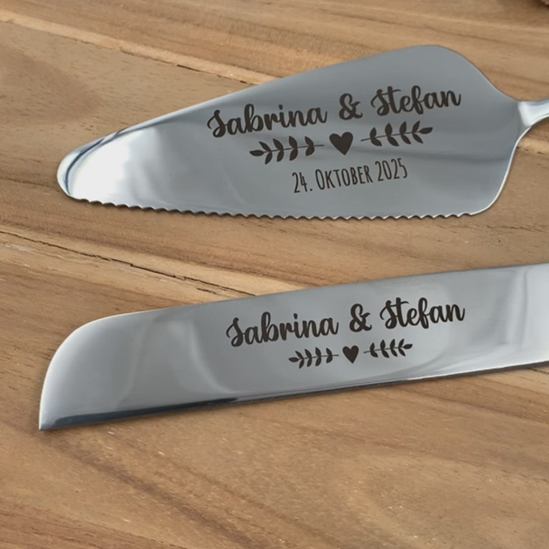 Graviertes Tortenmesser & Tortenheber Set | Personalisiertes Geschenk zur Hochzeit | Style 1