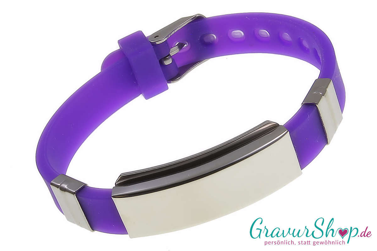 Notfallarmband 07 in Lila: Silikonband mit Gravurplatte aus Edelstahl – individuell graviert, Gravur kostenlos