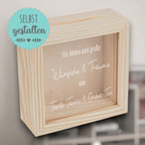 Personalisierte Holz-Spardose mit Glasfront & Gravur – Bilderrahmen Sparbox 10x10 cm
