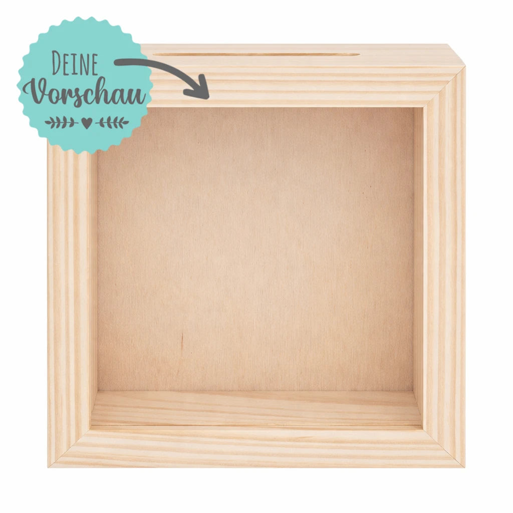 Personalisierte Holz-Spardose mit Glasfront & Gravur – Bilderrahmen Sparbox 10x10 cm