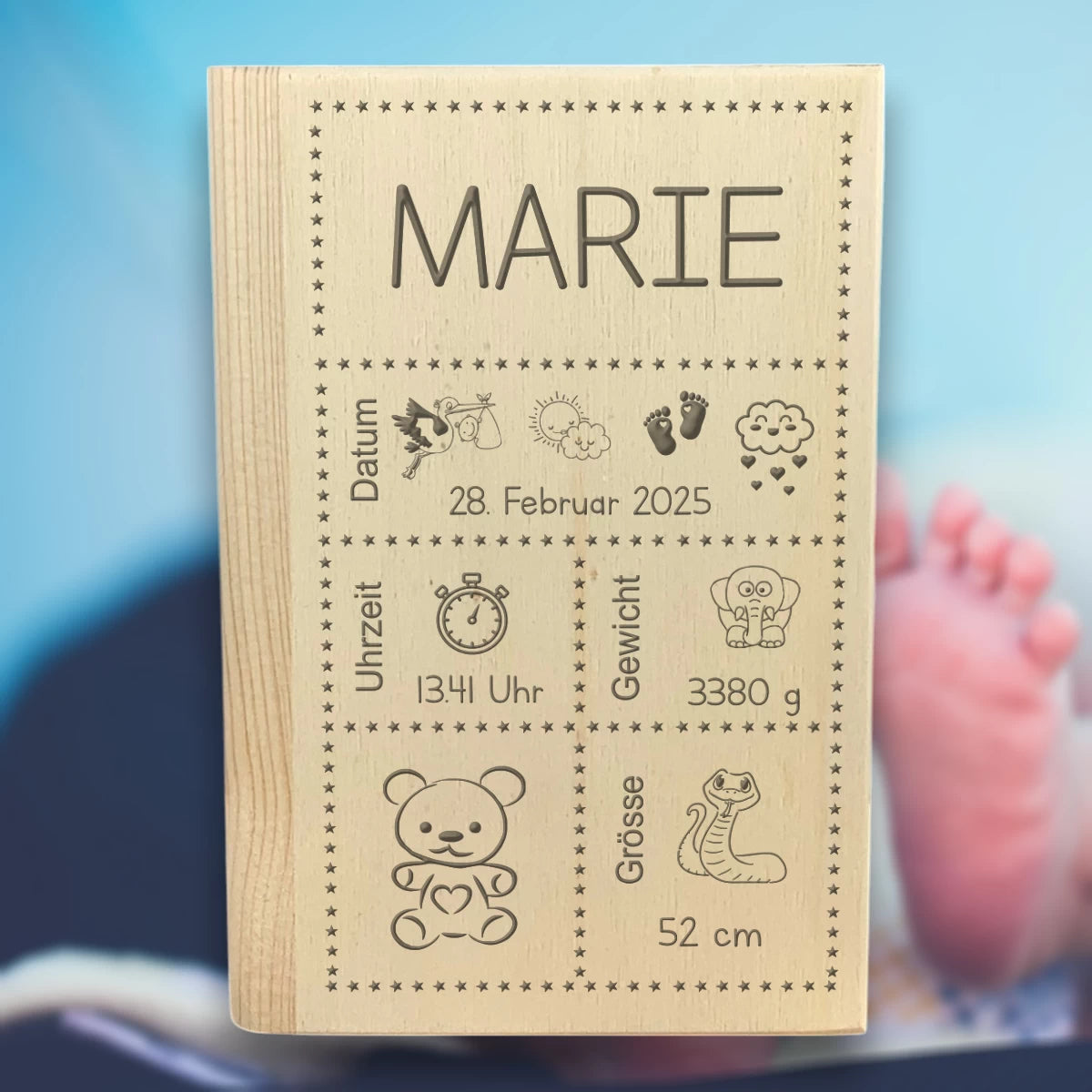 Personalisierte Spardose "Sparbuch" | Geschenk zur Geburt oder Taufe | Sterne, Bär, Uhr