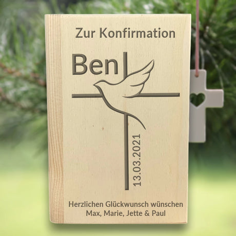 Personalisierte Spardose "Sparbuch" | zur Kommunion oder Konfirmation – Kreuz mit Taube