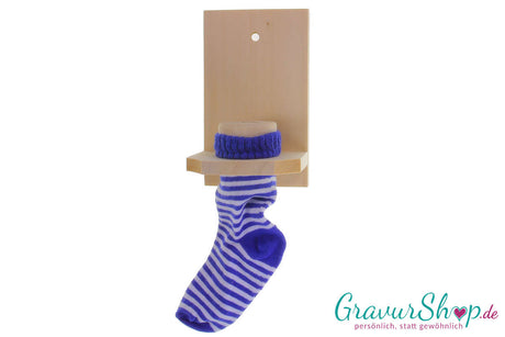 Spardose Sparstrumpf Blau mit Gravur Holzhalterung
