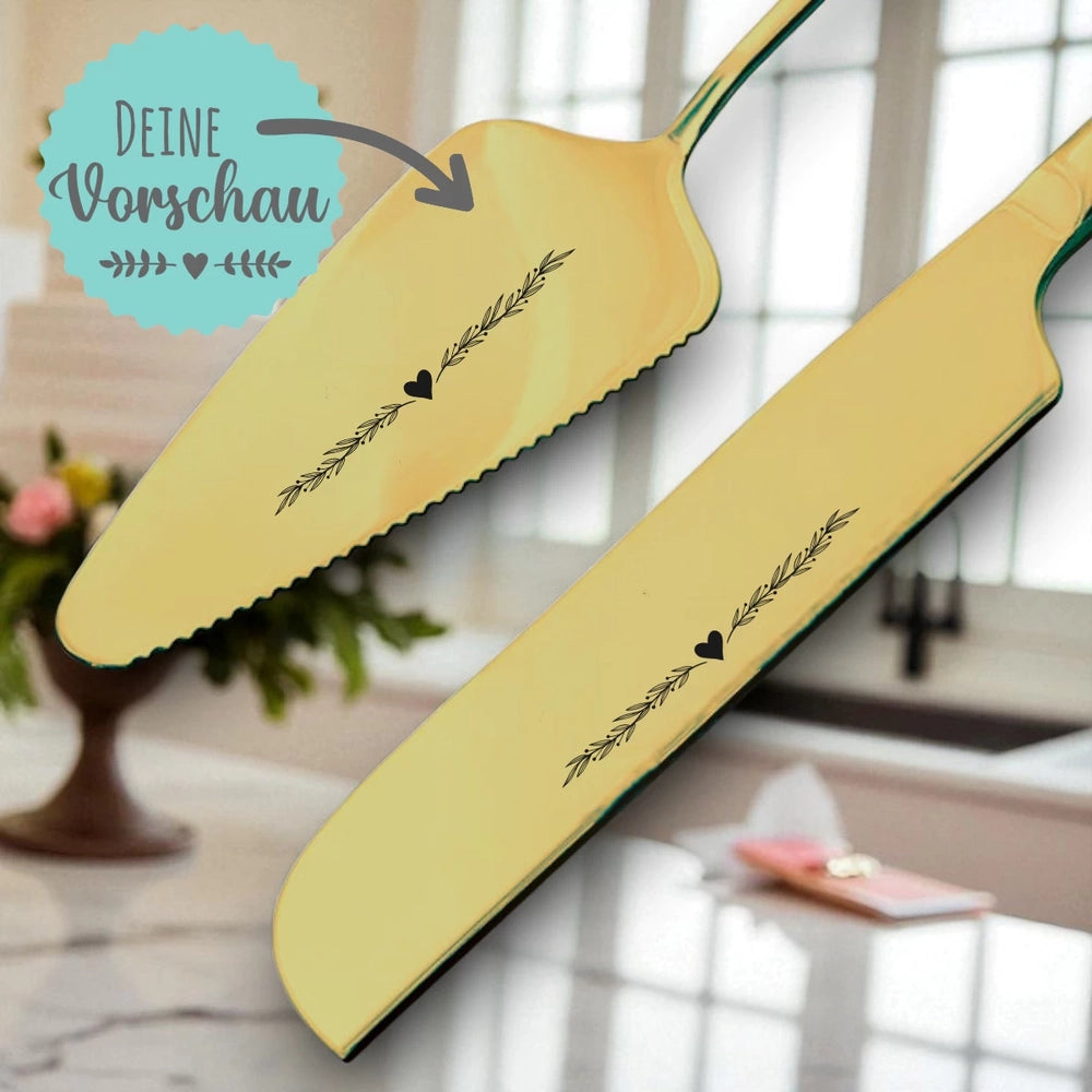 Graviertes Tortenmesser & Tortenheber Set | Personalisiertes Geschenk zur Hochzeit | Style 2