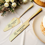 Personalisiertes Tortenmesser und Tortenheber in Gold mit individueller Gravur, frei wählbarem Text und Wunschmotiv.