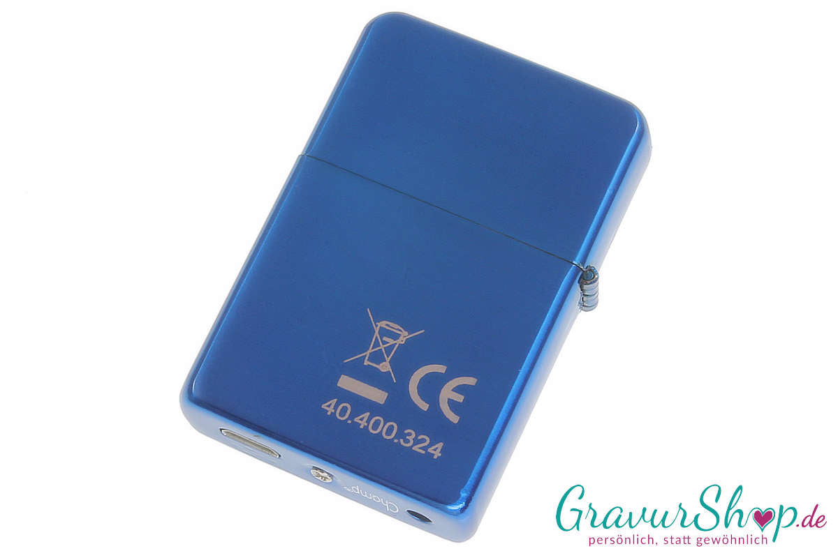 USB Glühspirale Feuerzeug blau mit Gravur Rückseite