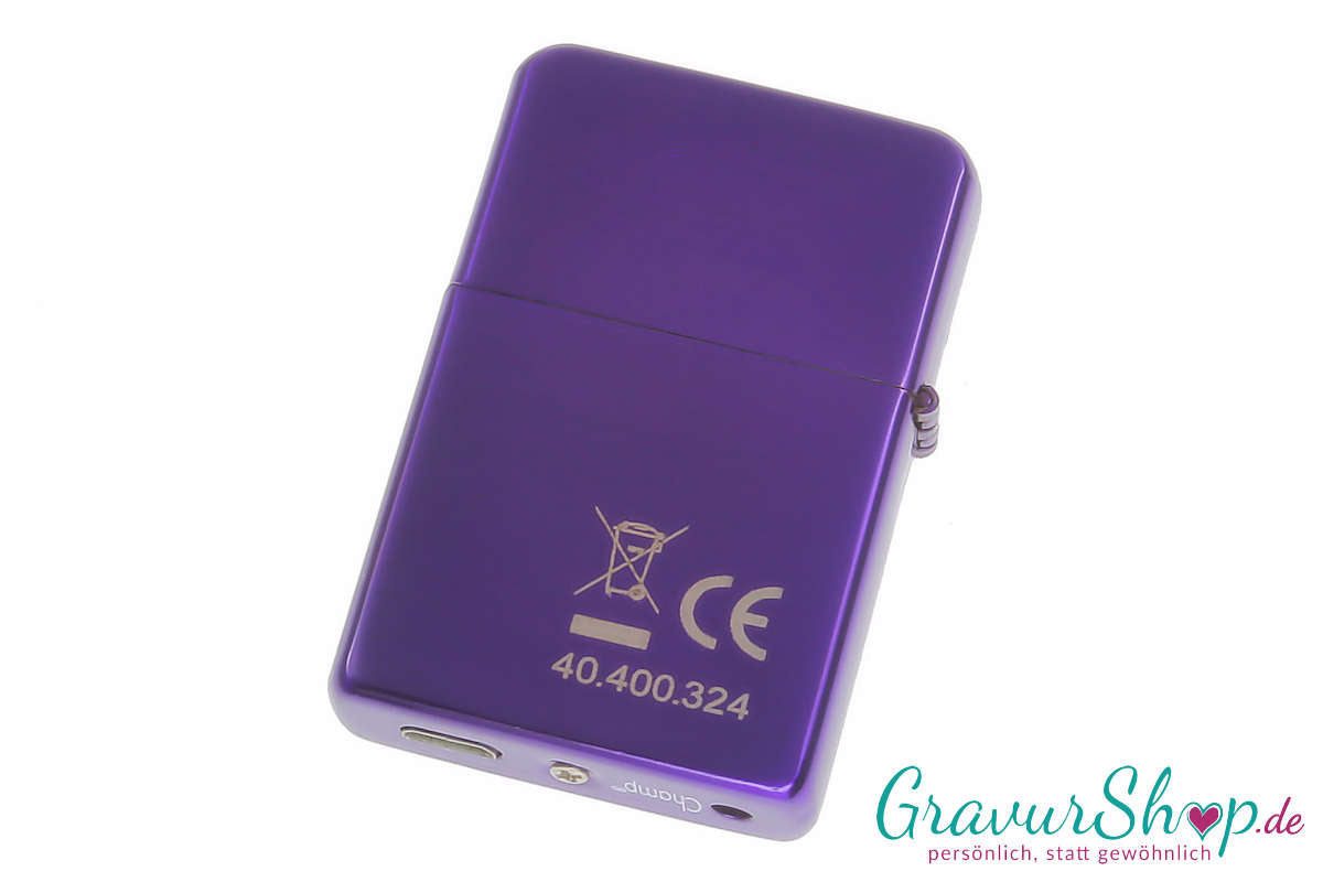USB Glühspirale Feuerzeug lila mit Gravur Rückseite