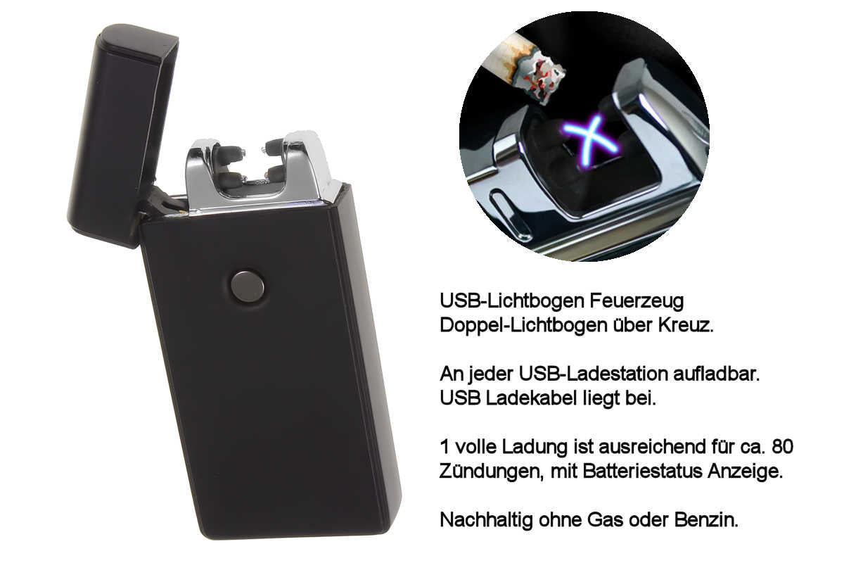 USB X Lichtbogen-Feuerzeug schwarz mit Lasergravur