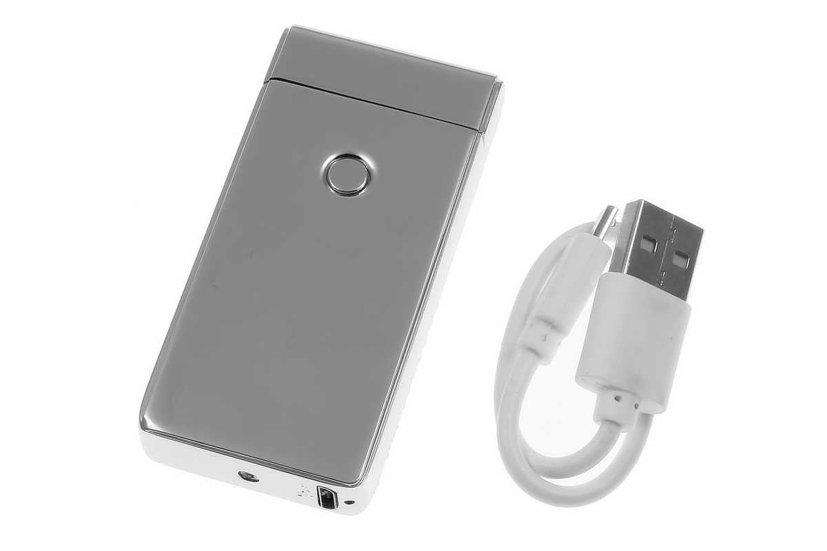 USB X Lichtbogen-Feuerzeug Silber mit Gravur USB Ladekabel