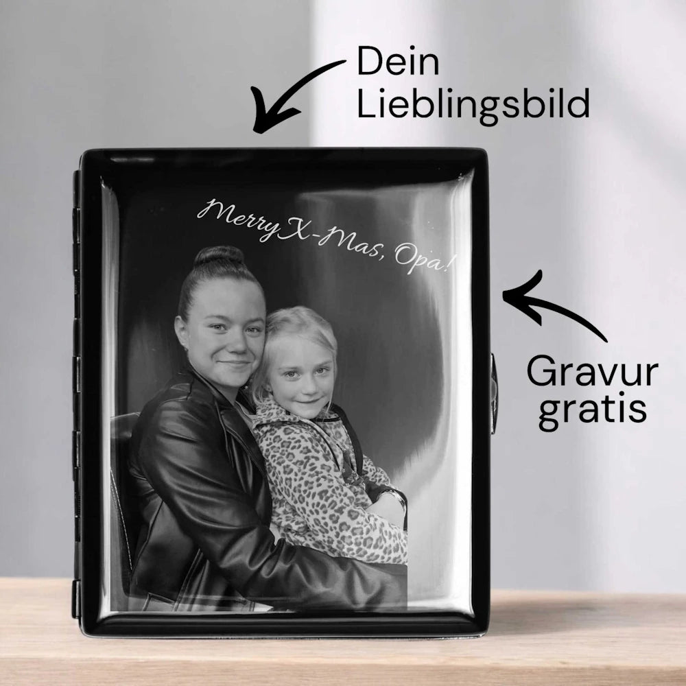 Zigarettenetui mit Fotogravur | Dein Bild graviert | Schwarzes Etui in Geschenkbox