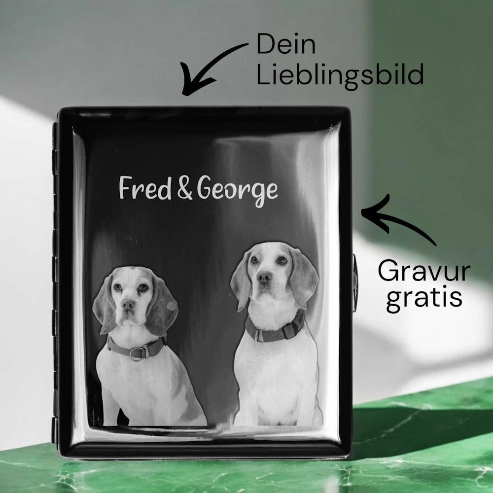 Zigarettenetui mit Fotogravur | Dein Bild graviert | Schwarzes Etui in Geschenkbox