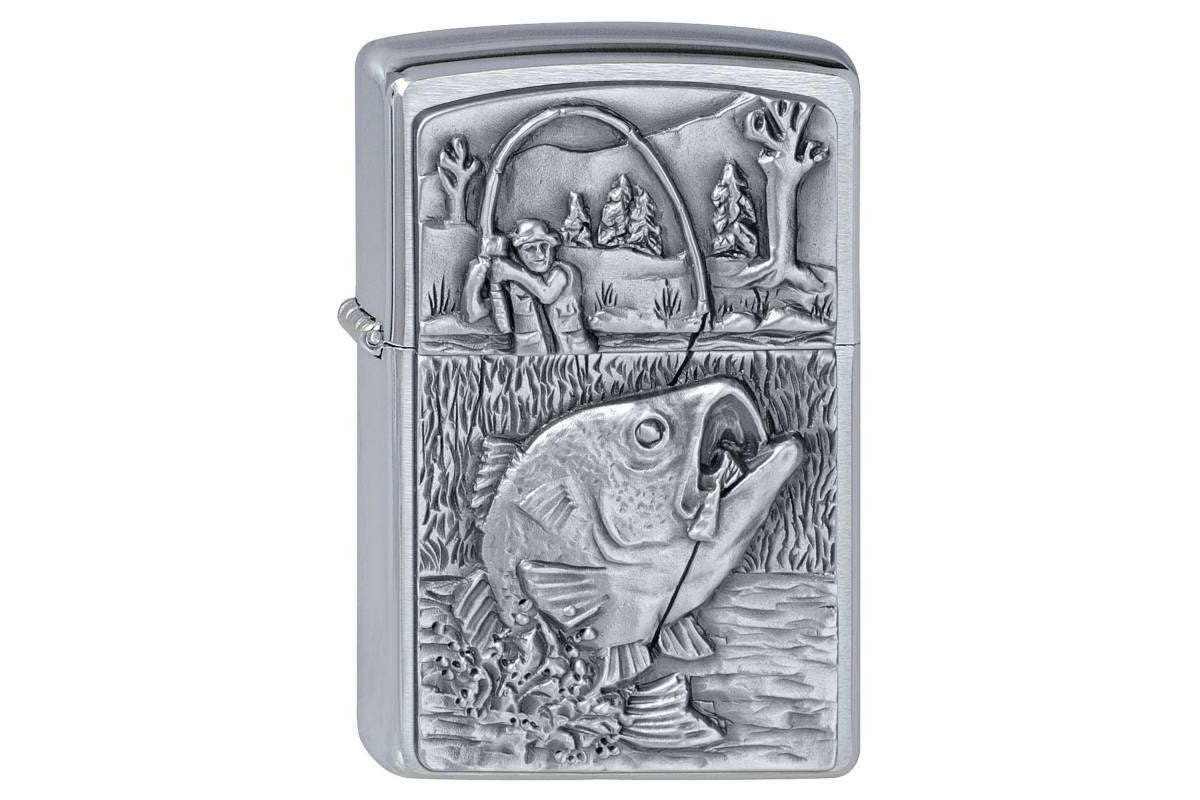 Zippo Chrom Gebürstet  Bass Fishing Emblem mit Gravur