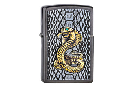 Zippo Kobra-Emblem in Gray Dusk mit aufrecht stehender Kobra – personalisiert mit deinem Namen