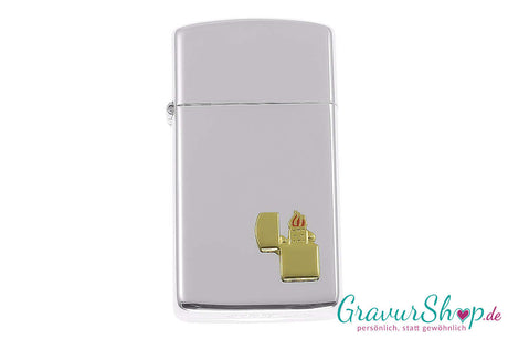 Zippo Slim Lighter Emblem in poliertem Chrom – mit Namensgravur