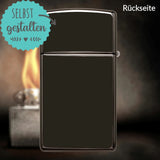 Zippo®Slim mit Gravur | High Polish Black - Ebony | Personalisiertes Sturmfeuerzeug