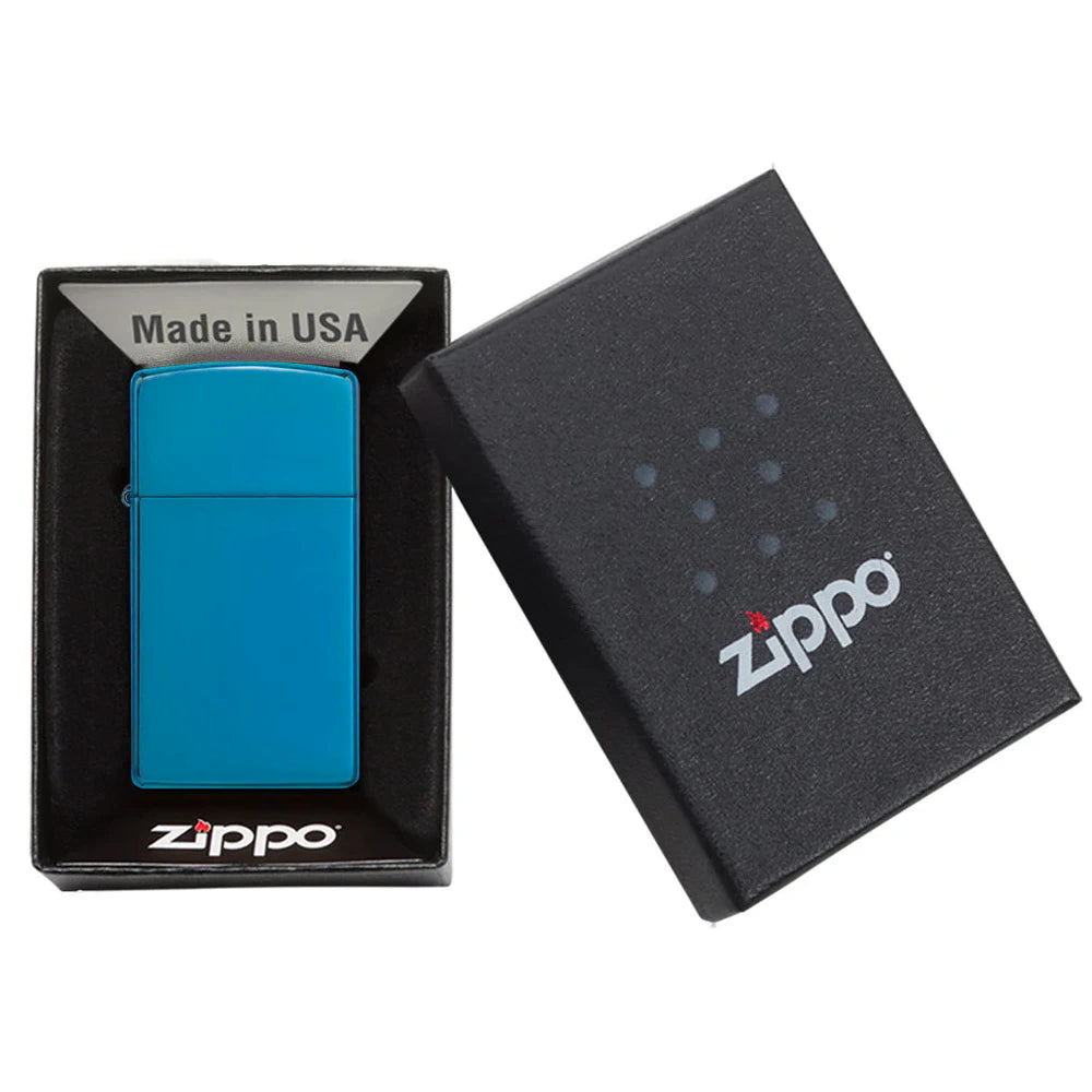 Zippo®Slim mit Gravur | High Polish Blue - Sapphire | Personalisiertes Sturmfeuerzeug