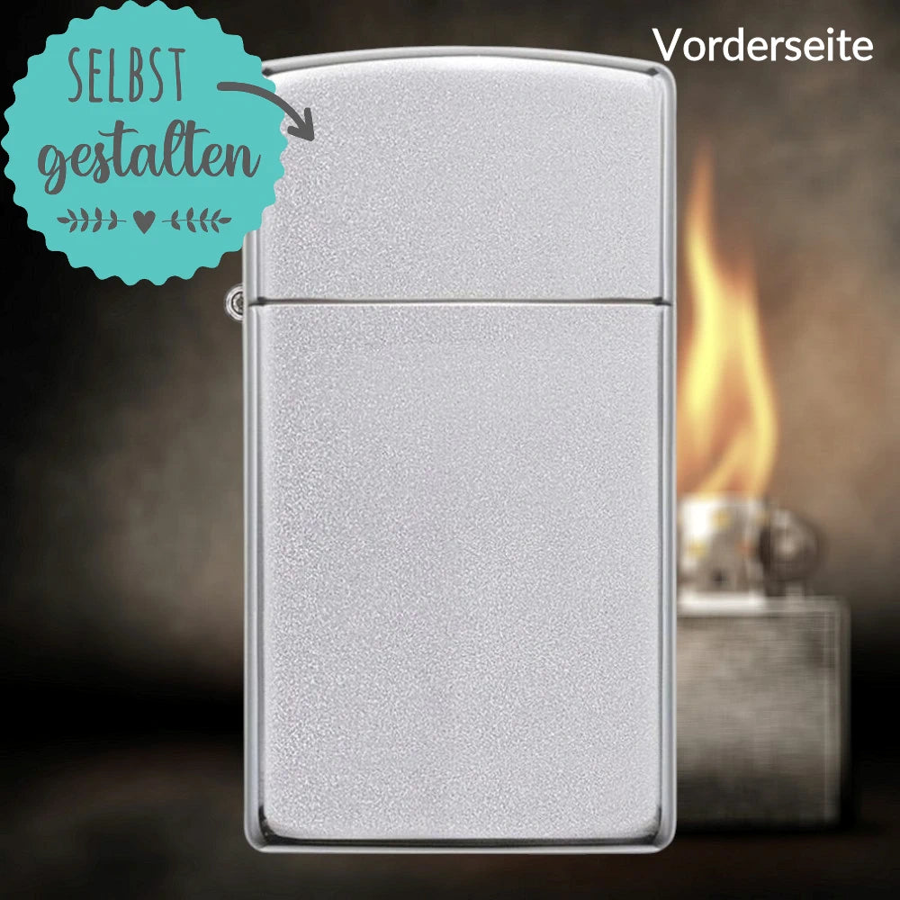 Zippo®Slim mit Gravur | Satin Chrome | Personalisiertes Sturmfeuerzeug