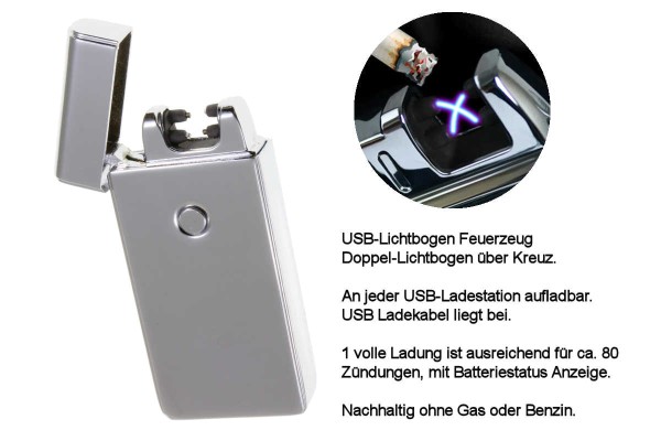 USB X Lichtbogen-Feuerzeug Silber mit Lasergravur